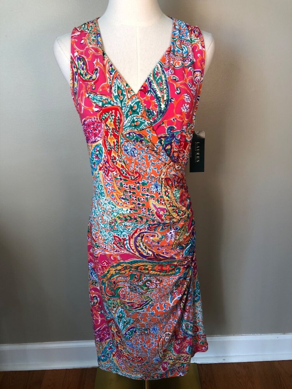 NWT Lauren Ralph Lauren Vibrant Pink Paisley Sleeveless Faux Wrap Sheath Dress-M